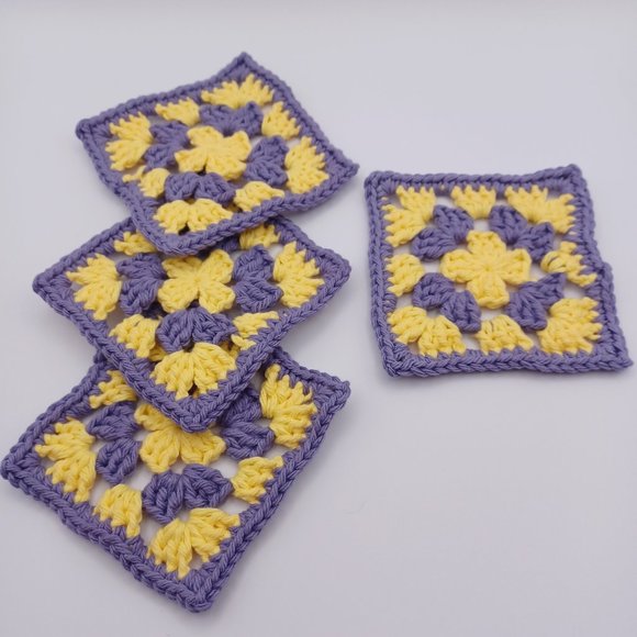 Handcrafted Cotton Coasters - Set of 4 - Purple and Yellow - Picture 4 of 7